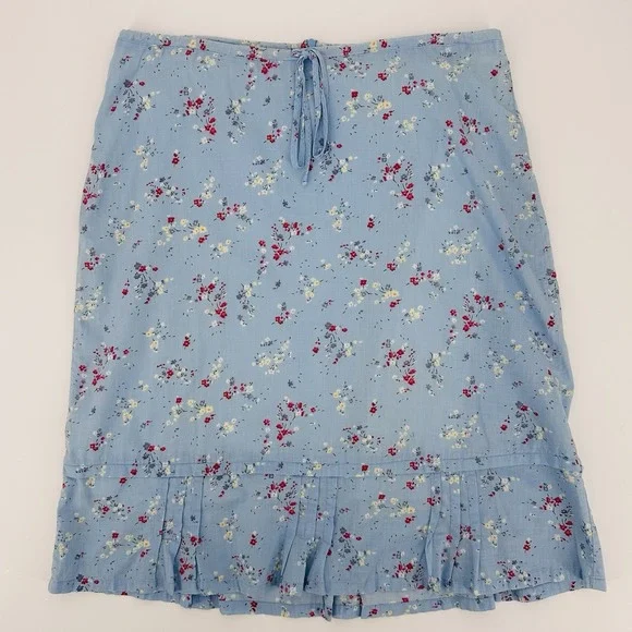 OshKosh Floral Midi Skirt Women's‎ Size 12 Blue 100% Cotton Drawstring Pleated - Picture 3 of 12